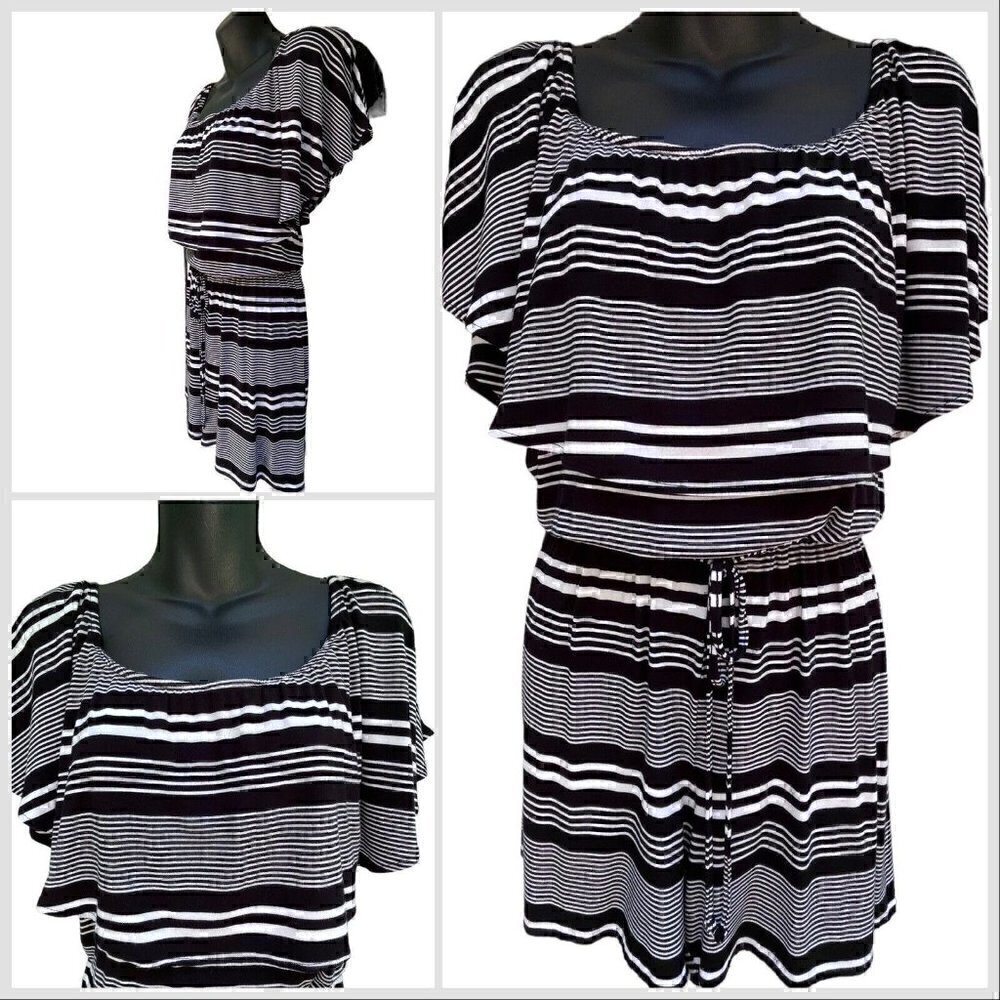 Old Navy Sleeveless Drape Top Black & White Stripe Romper Tie Waist Women’s L